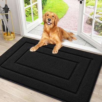 Bath Rug and Dog Door Mat Set, Luxury Chenille Bath Rug (Black 30X20) and Classic Dog Door Mat for Muddy Paws (Black 30X20)