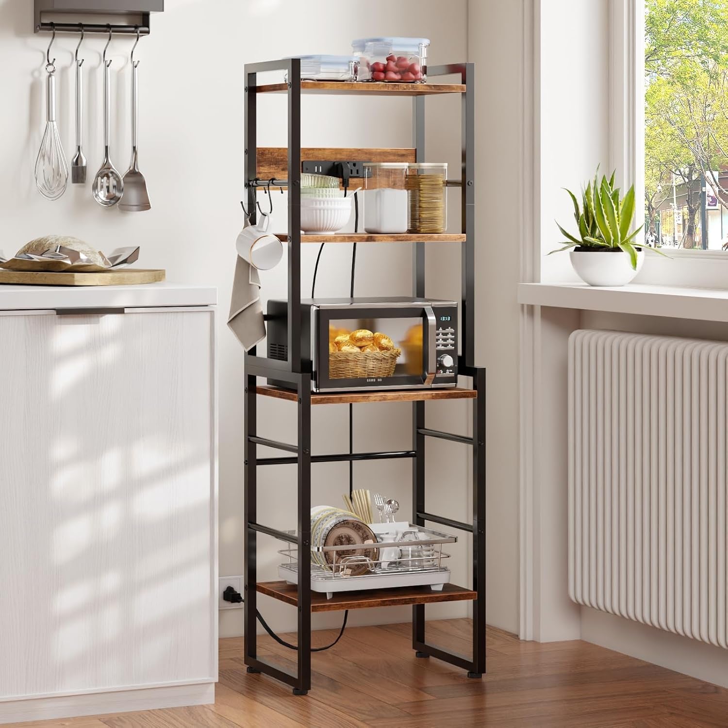 Book Shelf, 4 Tier Bookshelf with Charging Station, Industrial Small Bookcase Set of 2, Display Shelf, Stackable Book Storage Shelves for Bedroom/Living Room/Home Office, Rustic Brown