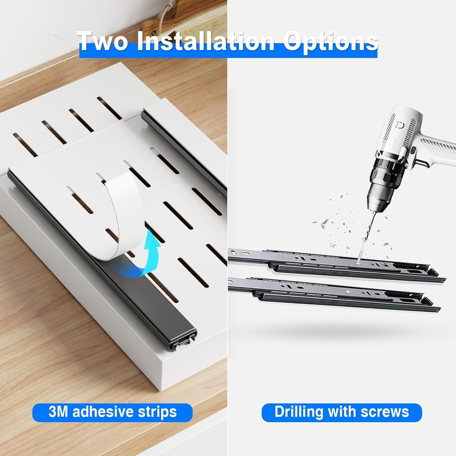 2 Pack Pull Out Cabinet Organizer, 21.8" Deep Slide Out Drawer for Cabinets Adhesive Pull Out Drawers Heavy Duty Pull Out Shelves for Kitchen, Cupboard, Pantry, Bathroom-White