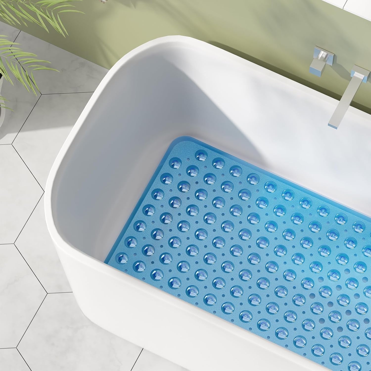 Shower Mat Non Slip 40 X 16 Inches, Bathtub Mat Shower Stall Mats with Suction Cups and Drain Holes, Non Slip Bath Mat for Tub for Elderly & Kids, Clear Blue