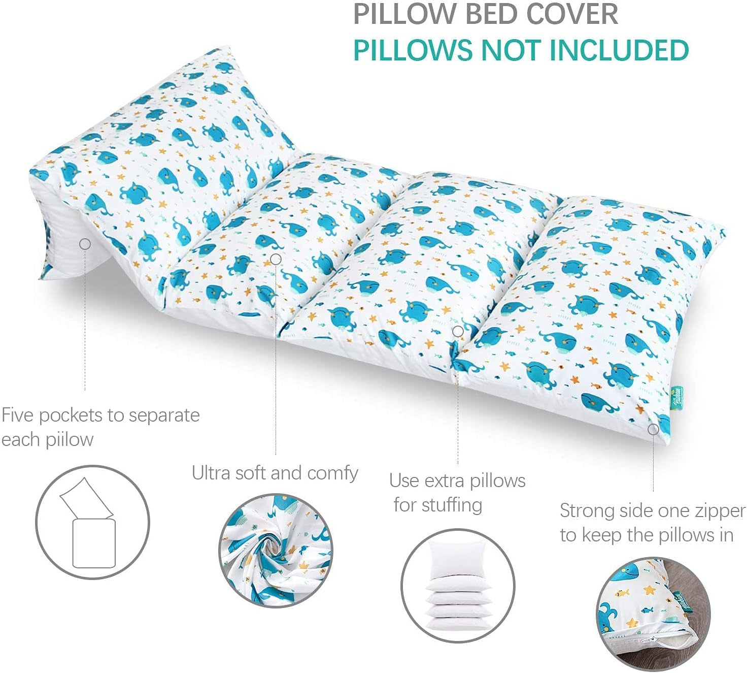 Floor Lounger Cover Only, Non-Slip & Super Soft Floor Pillow Bed Cover, 88''×26''Fits Five Standard Size Pillows, Whale Queen (Pillow Not Included)