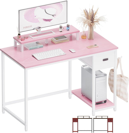 39 Inch Computer Desk with Monitor Stand Small Home Office Desks with Non-Woven Storage Drawer for Bedroom Study Table Writing and Work Desk Pink