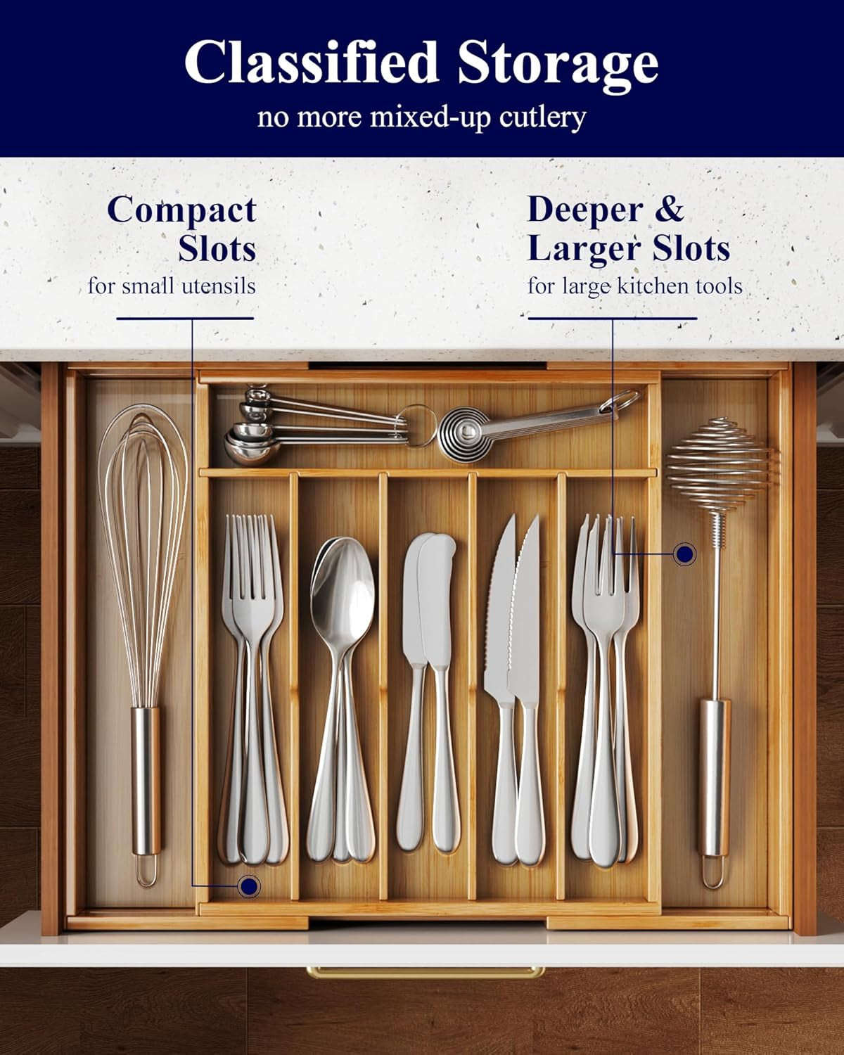 Large Thickened Silverware Organizer - Expandable Bamboo Kitchen Drawer Organizer for Cooking Utensils and Cutlery, Sturdy Kitchen Organizers and Storage Solution, 18.5"×13.3"×1.8"