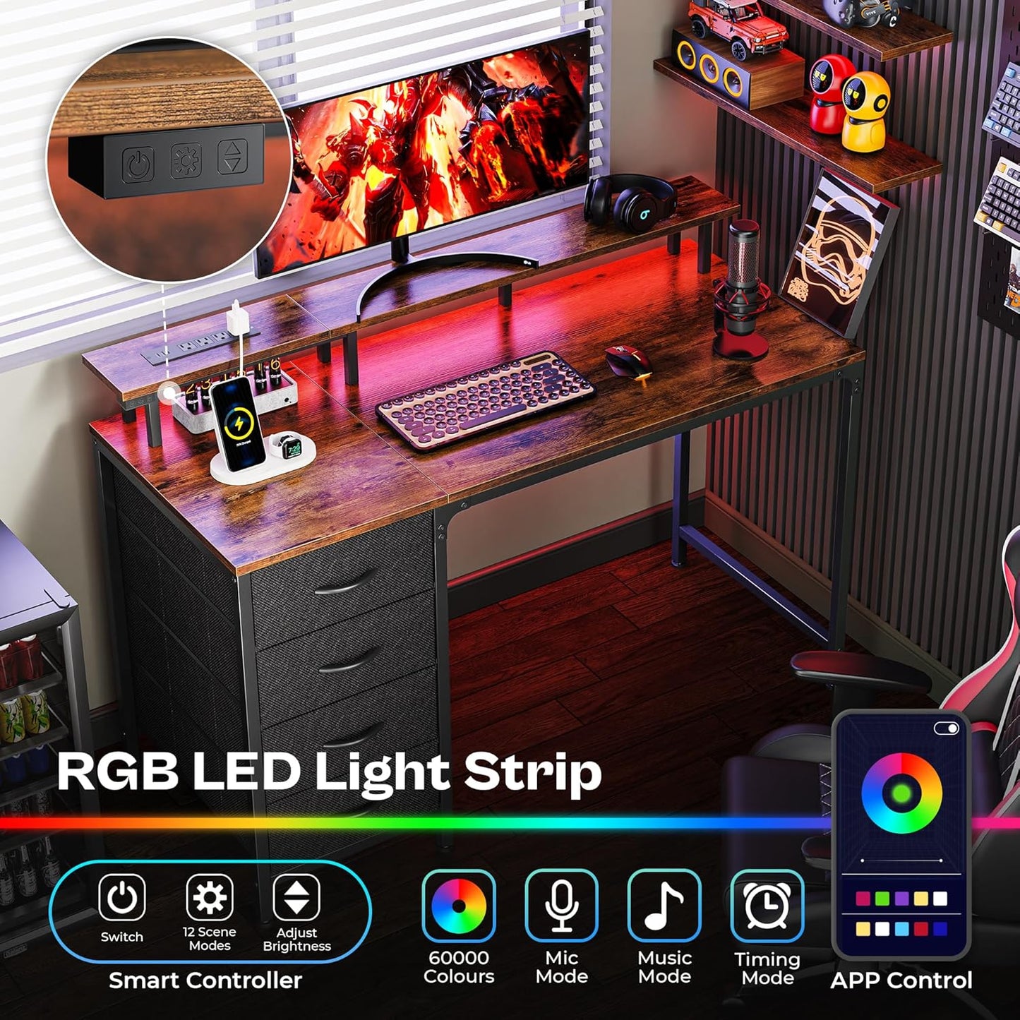 47-Inch Computer Desk with Integrated Power Outlets and LED Lighting, Gaming and Office Desk Featuring 4 Drawers and Monitor Stand, Ideal for Home Office and Small Spaces, Rustic Brown Finish