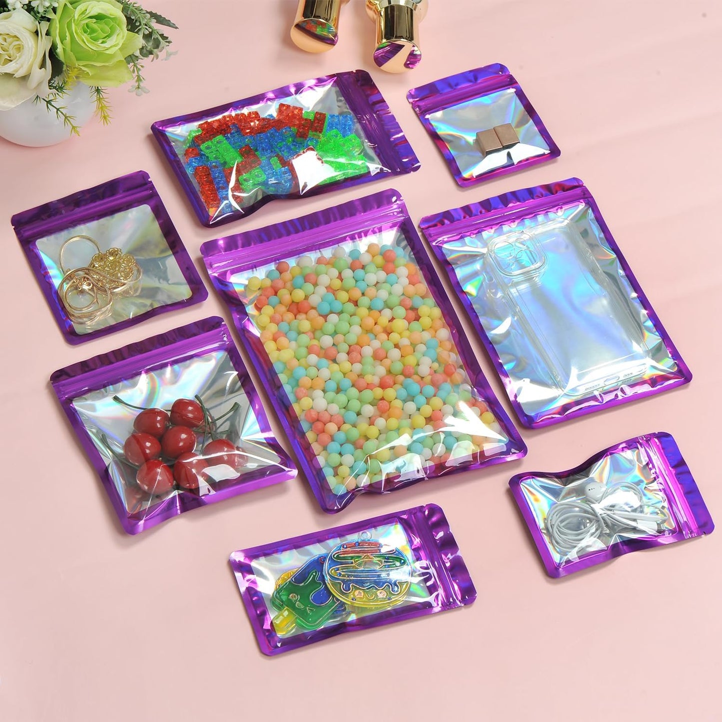 100-Pack 2×2 Inch Mylar Bags with Clear Window Holographic Resealable Sealable Packaging Zip Bag for Small Bussiness Jewelry Candy Sample Food Packing Supplies （Dark Purple）