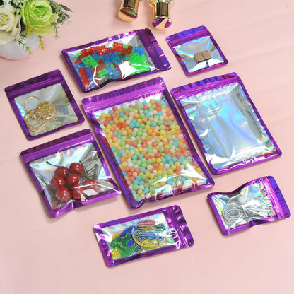100-Pack 2×2 Inch Mylar Bags with Clear Window Holographic Resealable Sealable Packaging Zip Bag for Small Bussiness Jewelry Candy Sample Food Packing Supplies （Dark Purple）