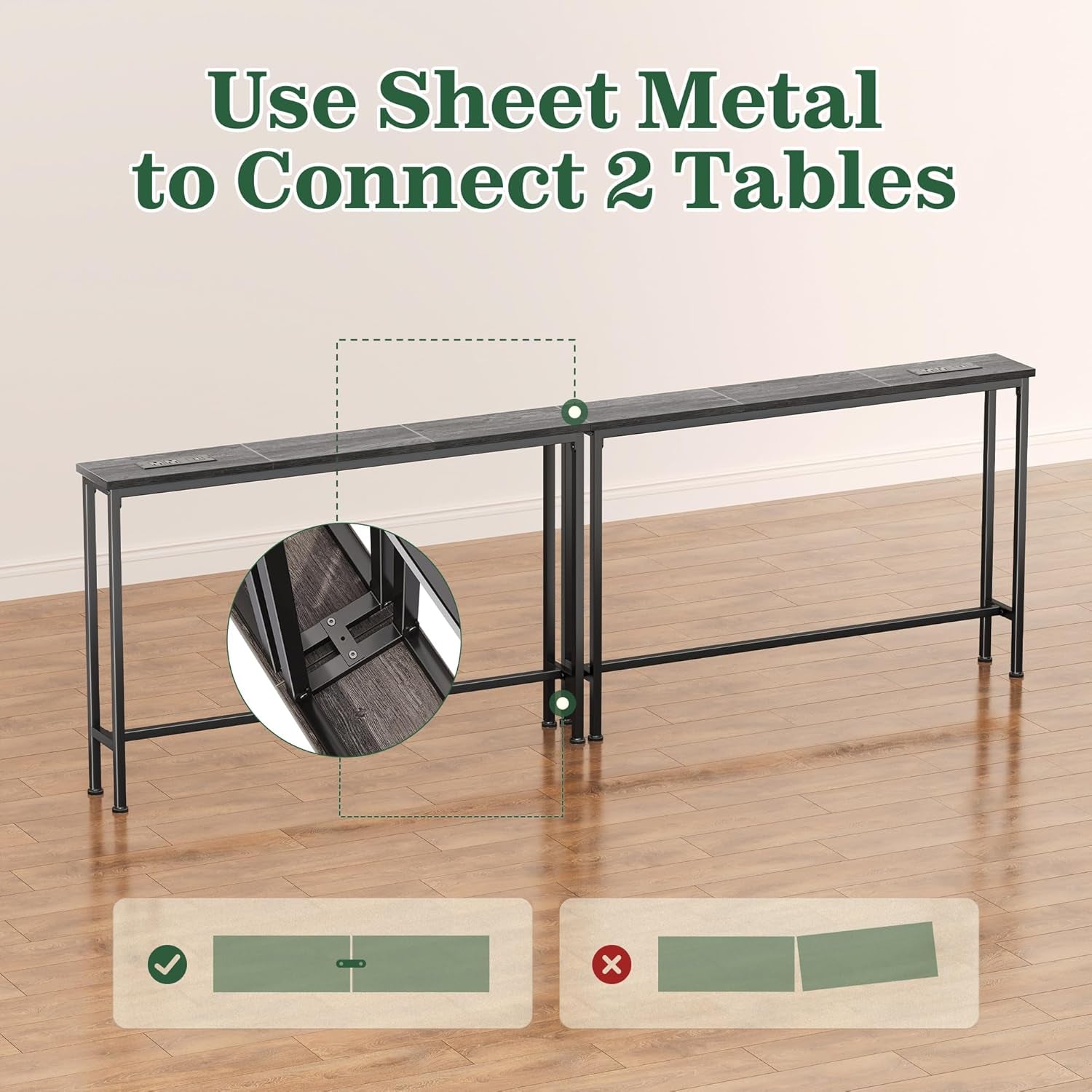5.9-Inch Console Table with Integrated Charging Station, Sofa Table for Behind Couch, Metal Frame, Charcoal Grey Finish, Dimensions: 5.9 x 39.4 x 29.1 Inches
