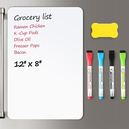 1 Pack Magnetic Dry Erase Board Sheet for Fridge, 12"X8" Erasable Refrigerator Whiteboard W/ 4 Markers & 1 Eraser- Smooth and Flexible Small Magnet Blank Notepad for Home Kitchen Organizer and Planner