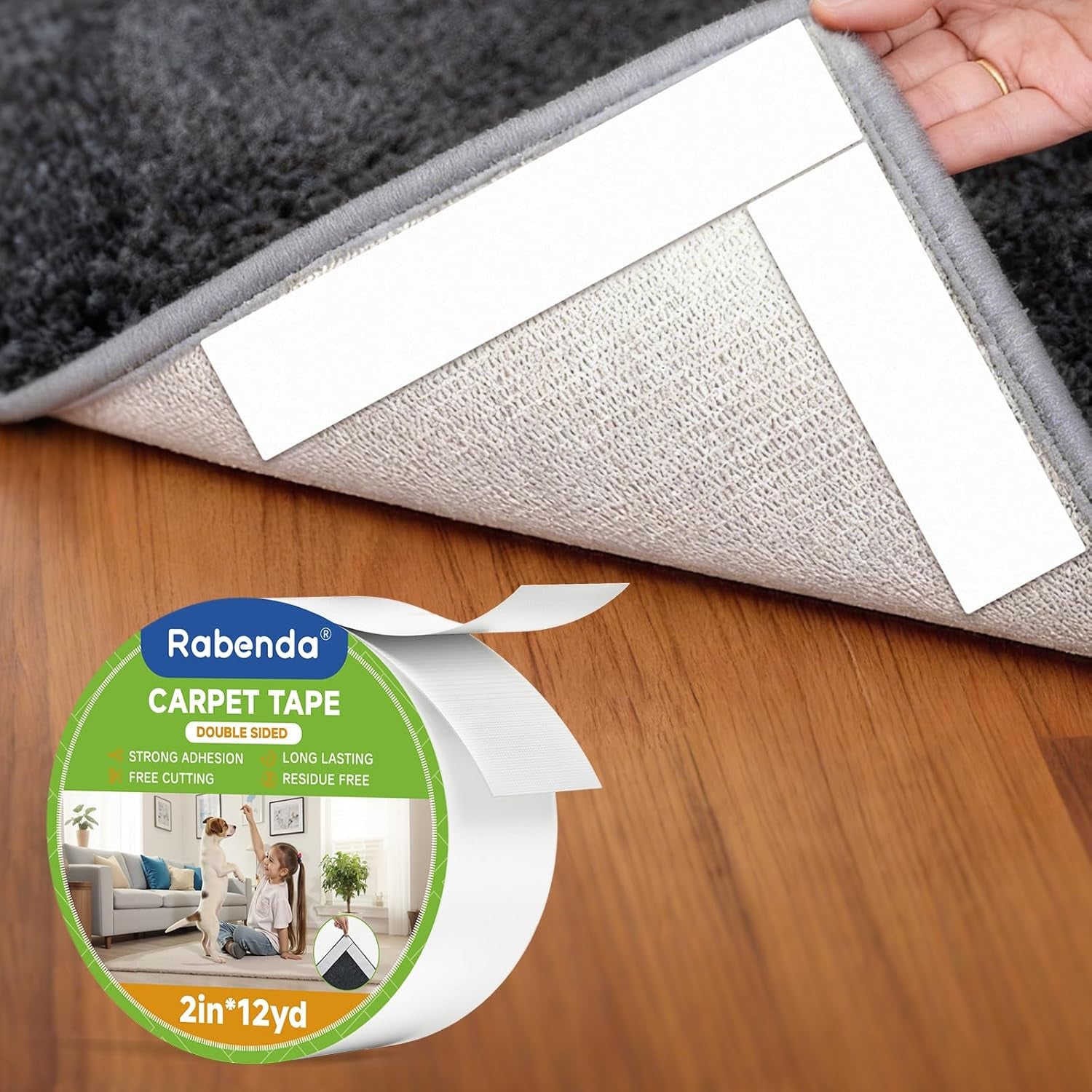 Double Sided Carpet Tape - 2 Inch X 12 Yards Removable Rug Tape for Hardwood Floors, Tile & Laminate - No Residue Strong Hold anti Slip Gripper for Area Rugs, Mats & Carpets