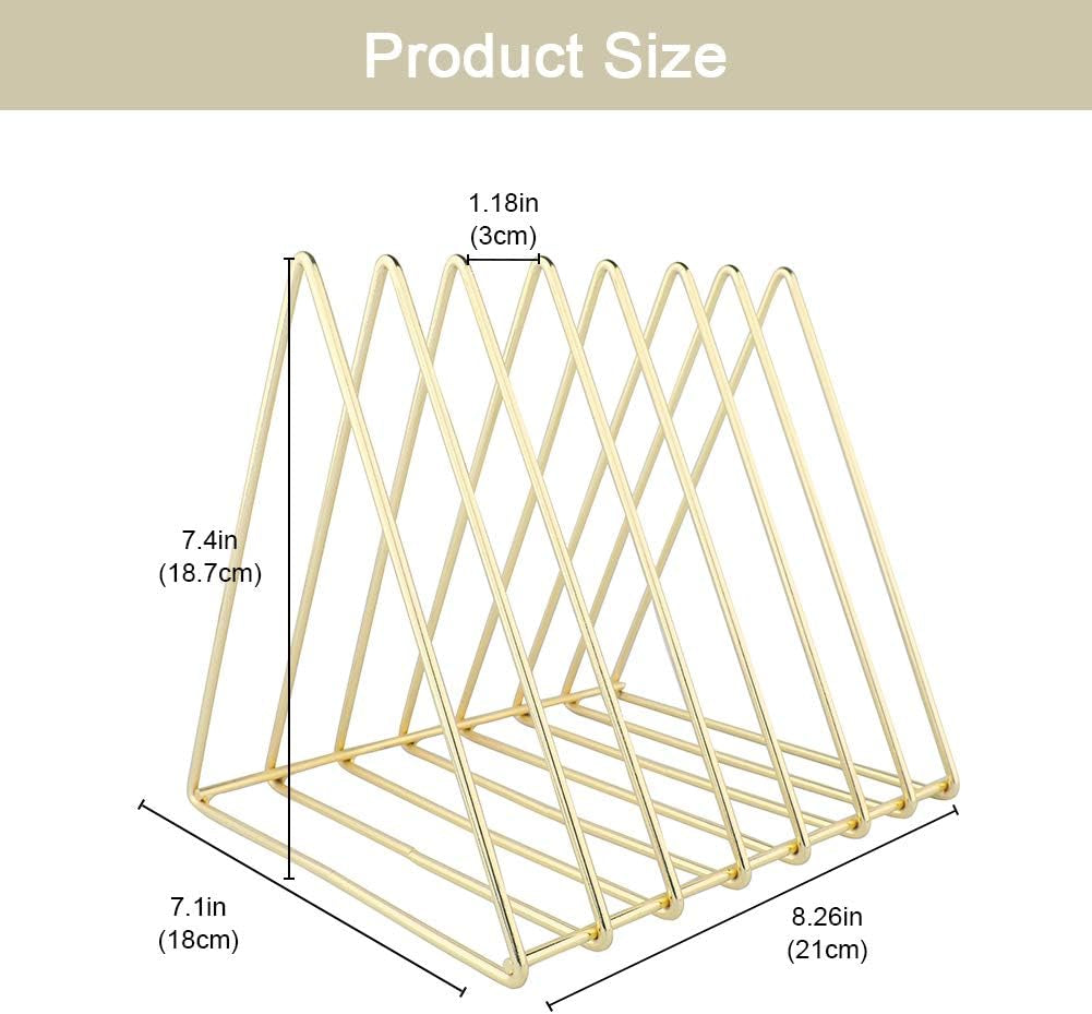 Triangle Desk Organizers Metal Wire Magazine Holder 7 Sections Decorative File Folder Organizer Vinyl Record Storage Office for Desk - Gold Magazine File Holder - Pack of 2