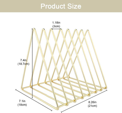 Triangle Desk Organizers Metal Wire Magazine Holder 7 Sections Decorative File Folder Organizer Vinyl Record Storage Office for Desk - Gold Magazine File Holder - Pack of 2