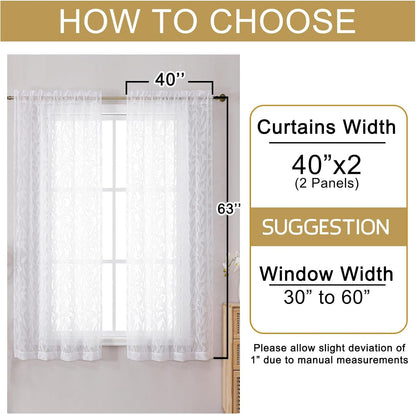 Leyna 2 Panels Sheer White Curtains 63 Inch Length for Bedroom, Soft Lightweight Jacquard Clip Window Curtain for Living Room, Double Rod Pockets Textured Drapes, Each 40Wx63L Inches