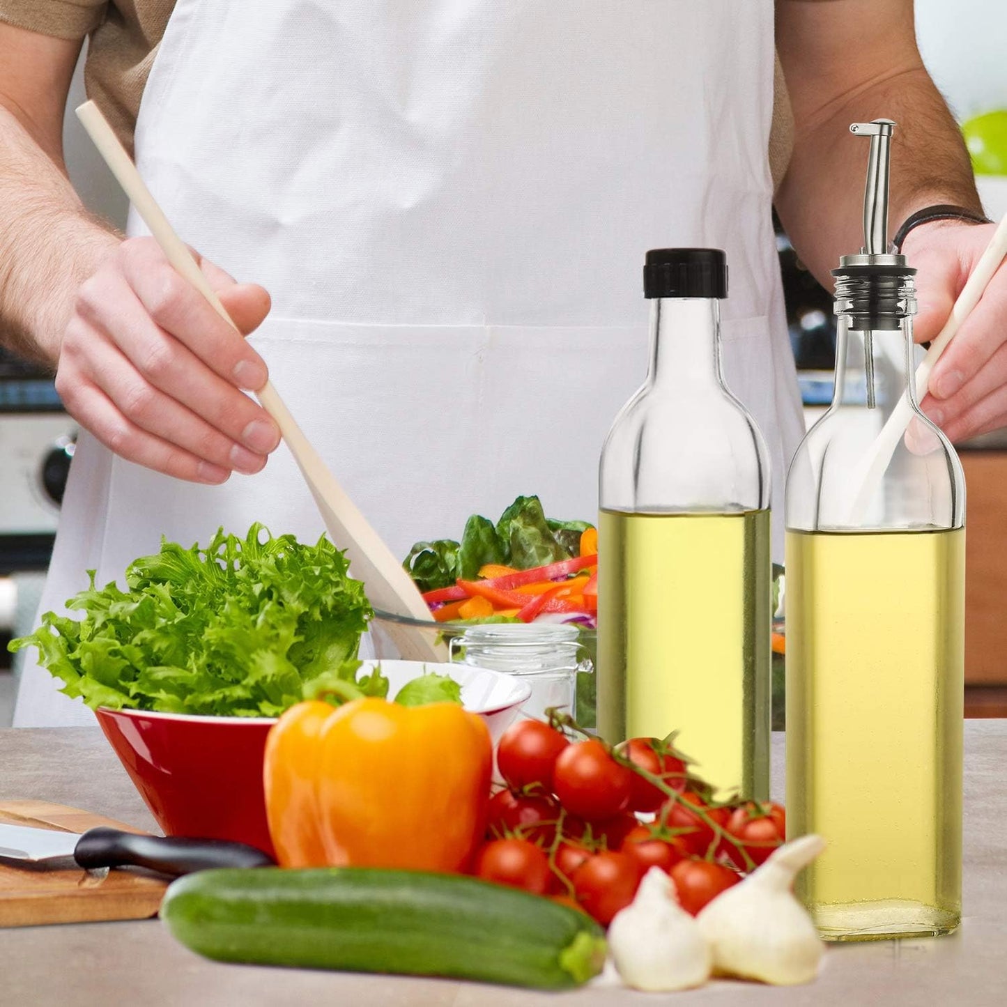 [2 PACK] 17 Oz Glass Olive Oil Dispenser Bottle Set - 500Ml Clear Oil & Vinegar Cruet Bottle with Pourers, Funnel and Labels