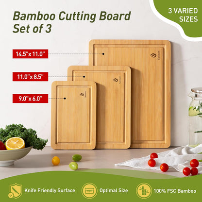 Bamboo Cutting Board Set Non Slip Feet Wood Cutting Boards for Kitchen with Juice Grooves & Built-In Handles, Ideal Charcuterie & Chopping for Meat, Vegetables and Fruits Kitchen Gift for Home Cooks