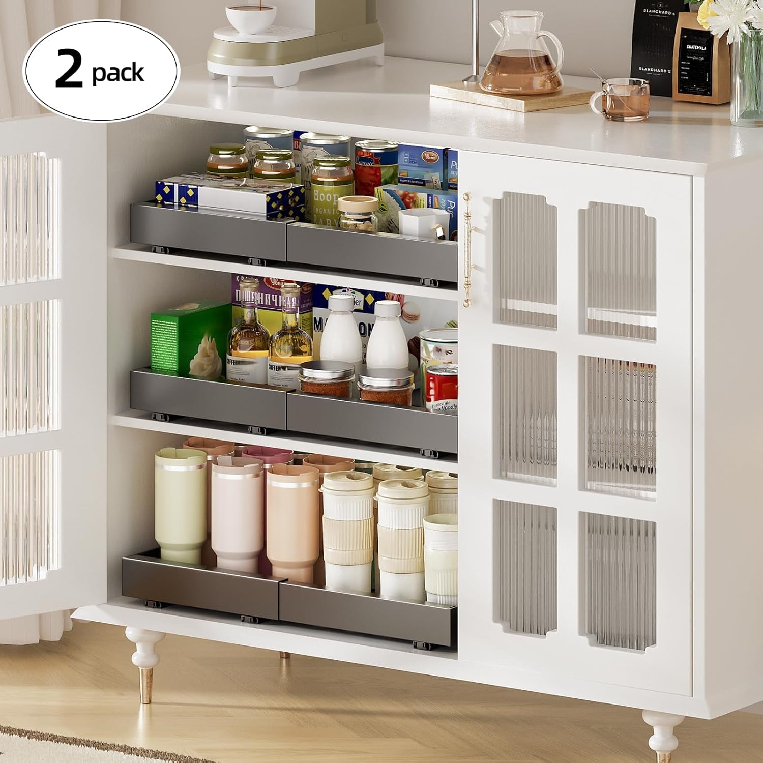 2 Pack 16" Deep Pull Out Cabinet Organizer with 6 Dividers, Expandable (11.7 "-20" W) Pull Out Drawers for Cabinets, Cabinet Trays Pull Out for Cabinets in Kitchen, Pantry or Bathroom