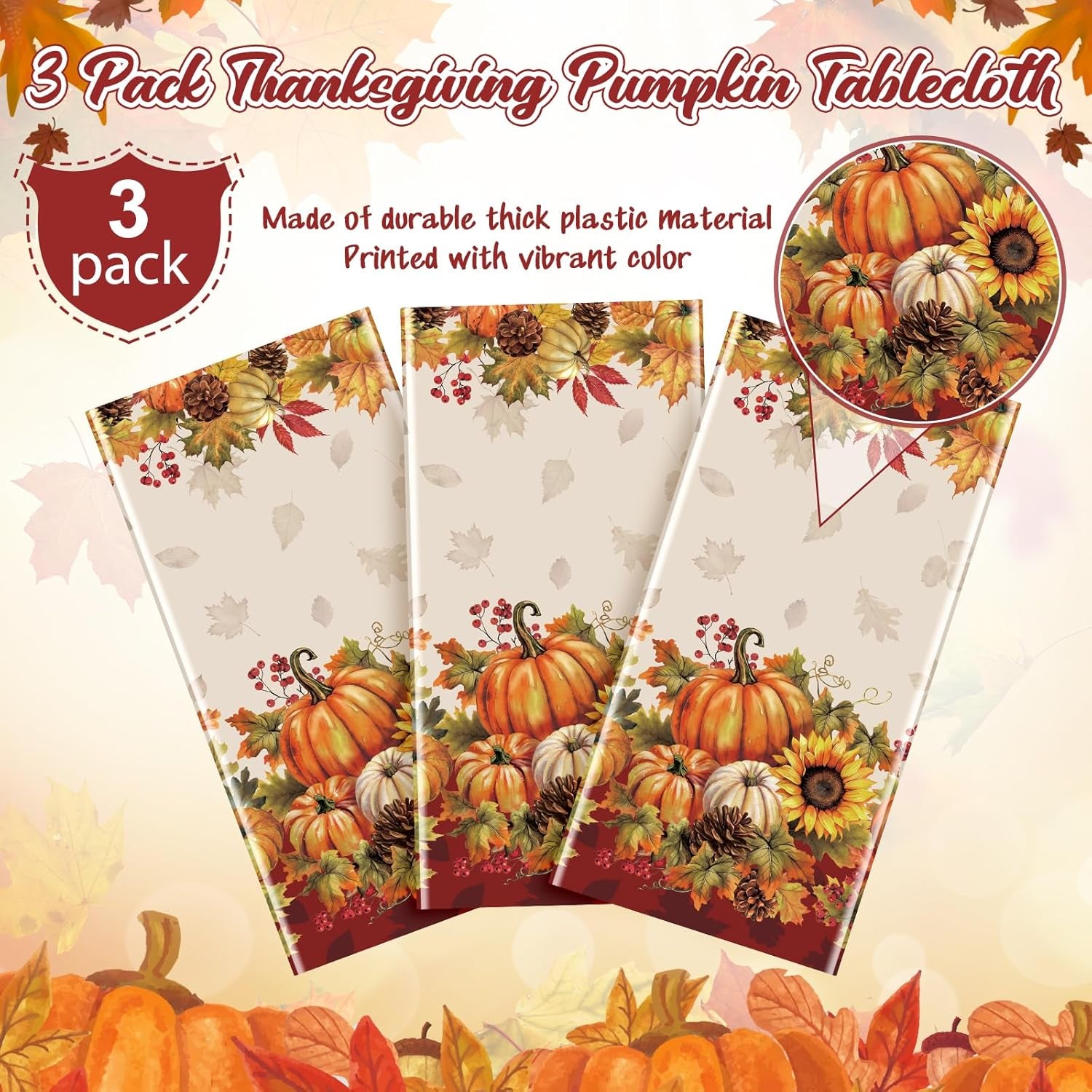 3 Pack 108X54 Inch Fall Tablecloths, Sunflower Pumpkin Tablecloth,Plastic Disposable Rectangle Table Cover for Autumn Harvest Thanksgiving Halloween Party Decorations