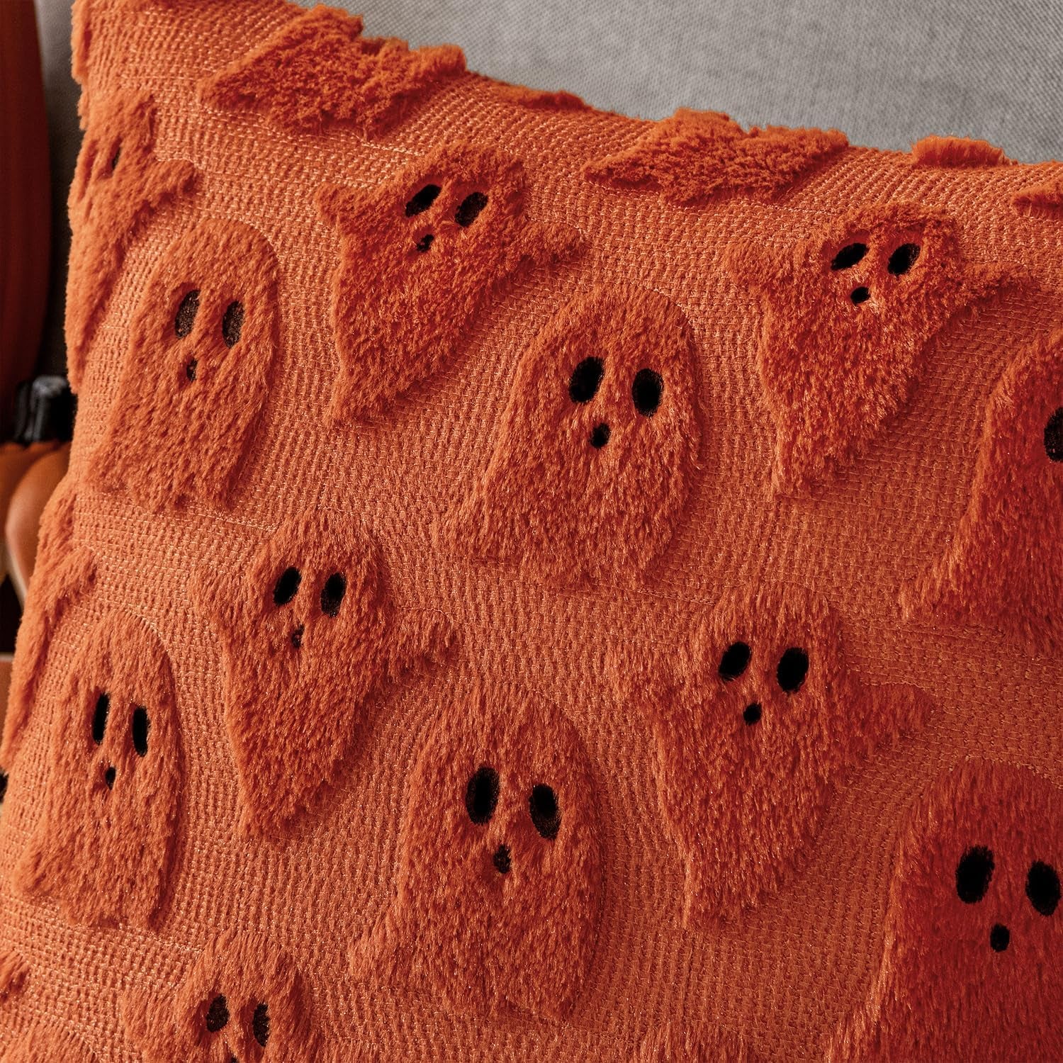 Halloween Decorative Pillow Covers - Set of 2 Soft Plush Faux Fur Ghost-Themed Cushions for Couch, Sofa, Bed, and Porch - 18x18 Inch Burnt Orange Fall Decor
