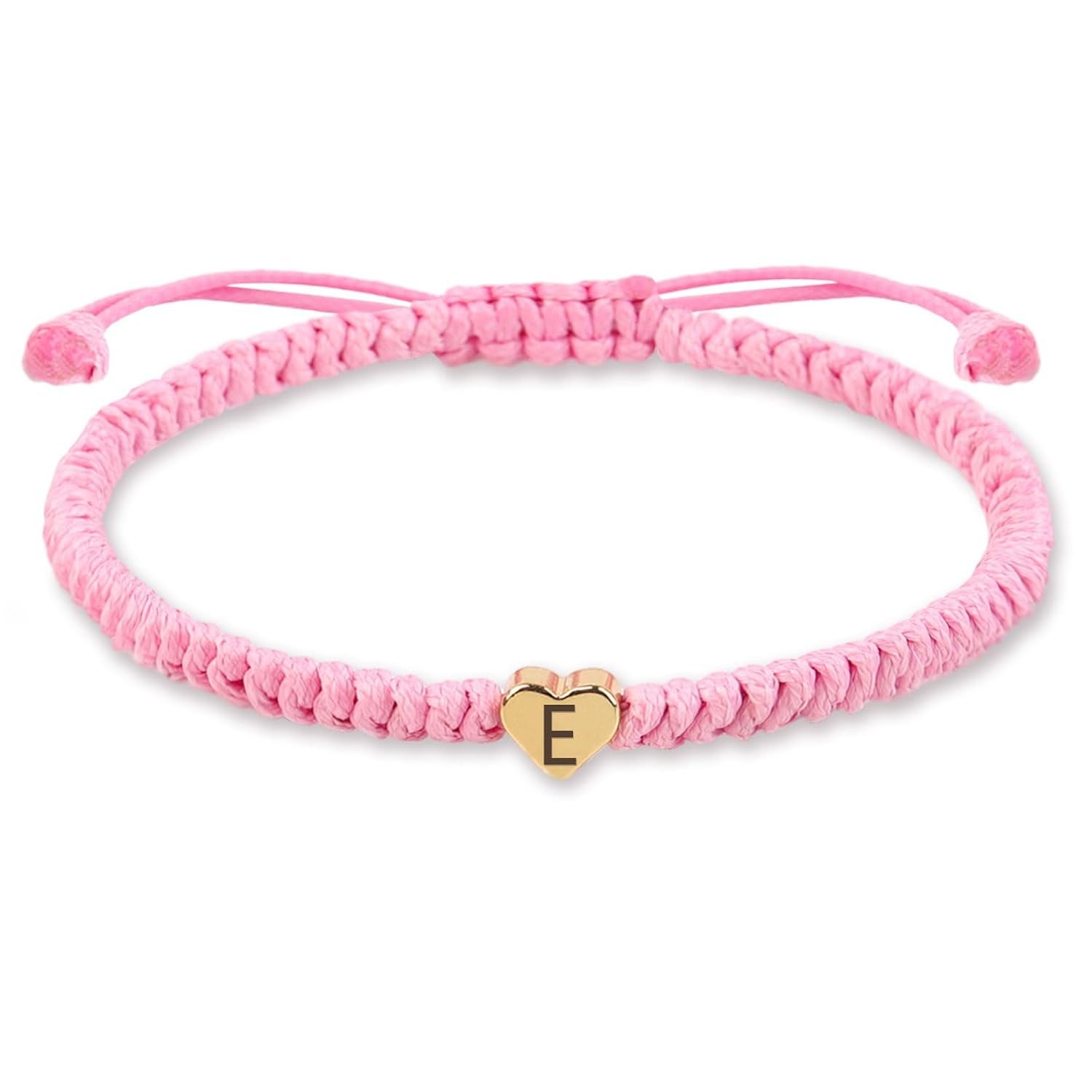 Pink Weave Rope Letter Bracelet for Women, Initial Bracelet Heart Charm 26 Letters A-Z Alphabet Handmade Adjustable Jewelry for Couple Teenage Girls Sister Valentines Day Mother'S Day (Pink-E)