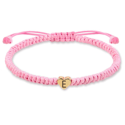 Pink Weave Rope Letter Bracelet for Women, Initial Bracelet Heart Charm 26 Letters A-Z Alphabet Handmade Adjustable Jewelry for Couple Teenage Girls Sister Valentines Day Mother'S Day (Pink-E)