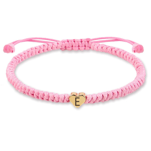 Pink Weave Rope Letter Bracelet for Women, Initial Bracelet Heart Charm 26 Letters A-Z Alphabet Handmade Adjustable Jewelry for Couple Teenage Girls Sister Valentines Day Mother'S Day (Pink-E)