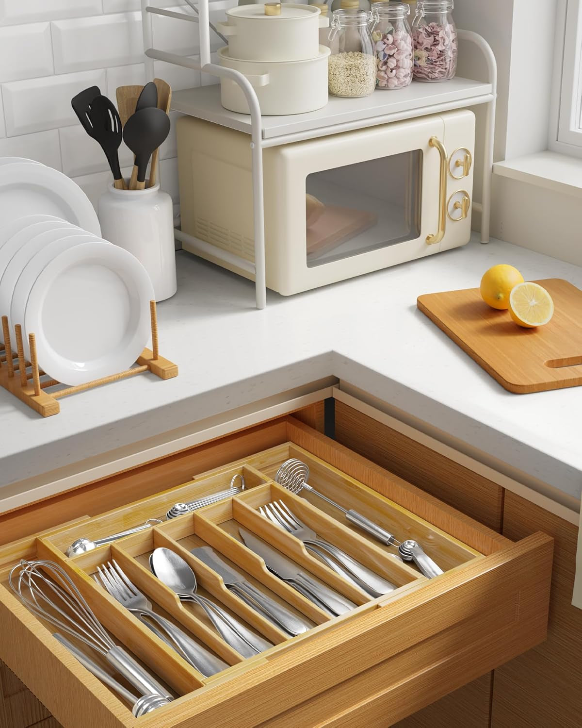 Large Thickened Silverware Organizer - Expandable Bamboo Kitchen Drawer Organizer for Cooking Utensils and Cutlery, Sturdy Kitchen Organizers and Storage Solution, 18.5"×13.3"×1.8"
