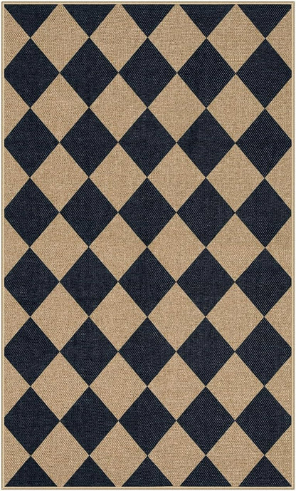 Checkered Easy Jute 3X5 Outdoor Patio Rug, Washable Rugs for Entryway Diamond Indoor Outdoor Living Room Carpet, Farmhouse Neutral Non Slip Black Door Carpet for Backyard Bedroom