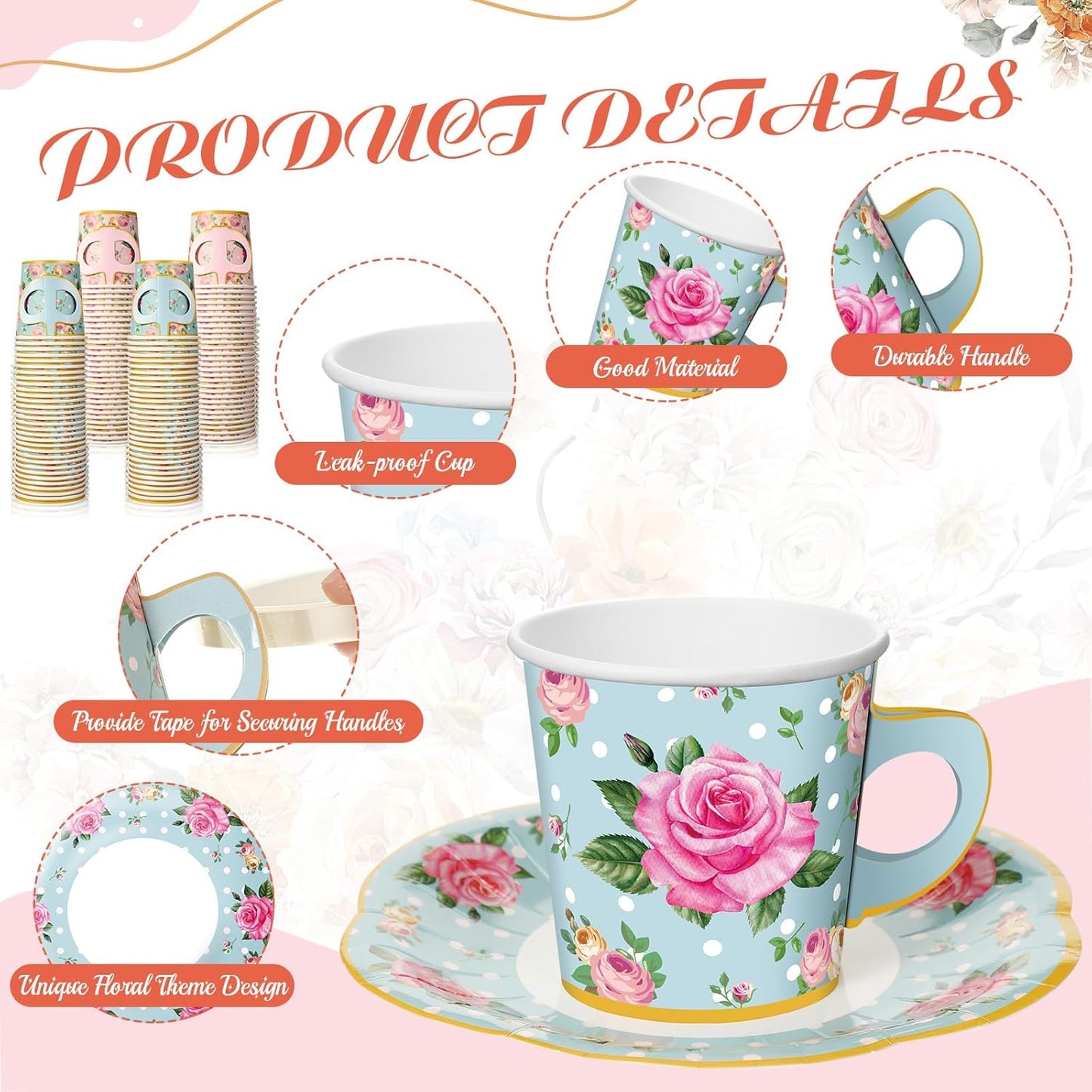 60 Sets of Floral Disposable Tea Party Decorations - Paper Tea Cups with Handles and Plates for Hot and Cold Beverages, Ideal for Birthdays (Pink and Blue, 6.5 Oz)