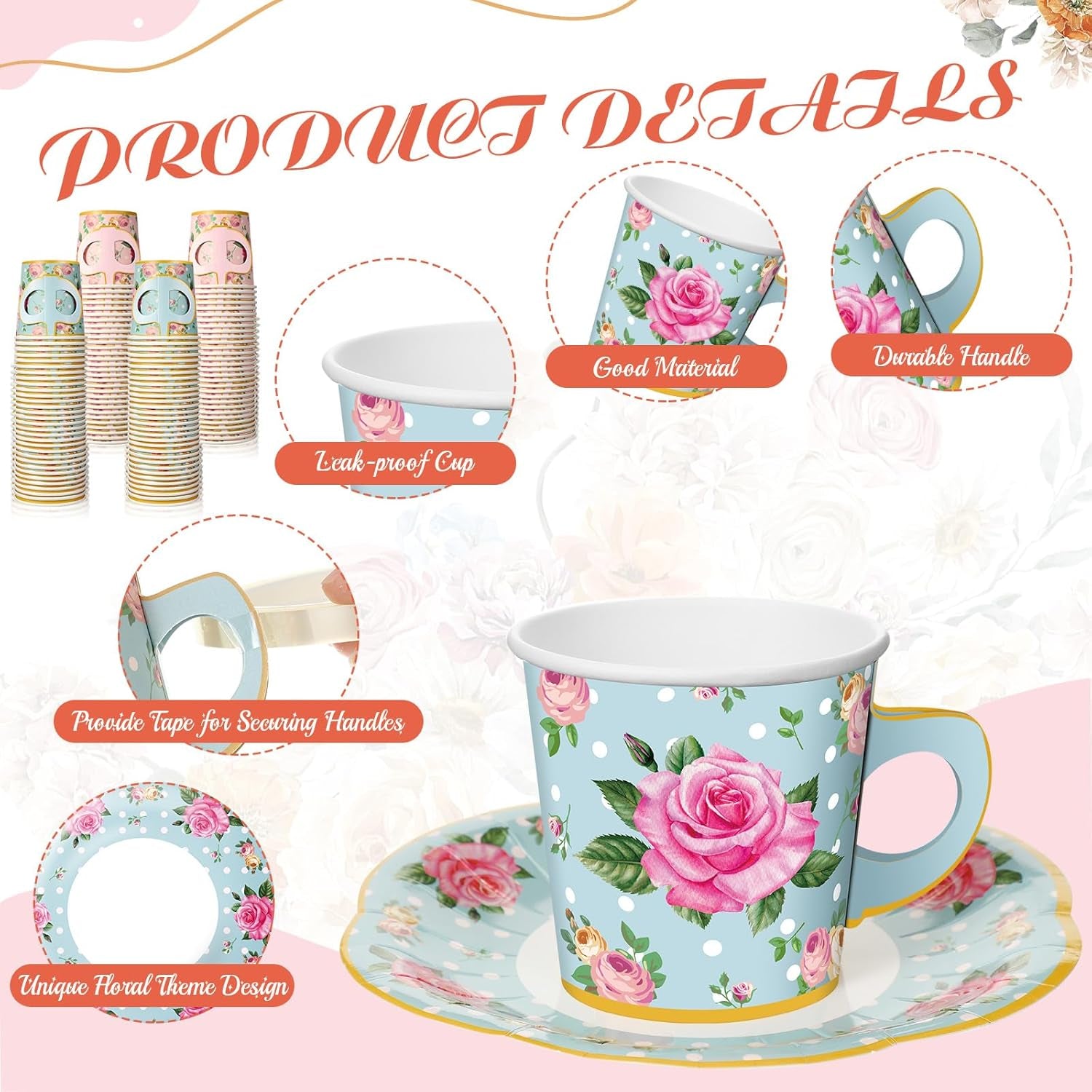 60 Sets of Floral Disposable Tea Party Decorations - Paper Tea Cups with Handles and Plates for Hot and Cold Beverages, Ideal for Birthdays (Pink and Blue, 6.5 Oz)