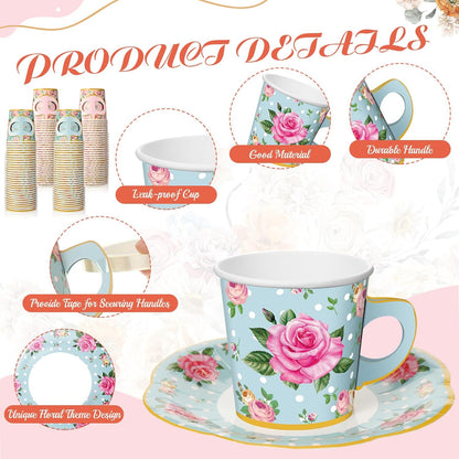 60 Sets of Floral Disposable Tea Party Decorations - Paper Tea Cups with Handles and Plates for Hot and Cold Beverages, Ideal for Birthdays (Pink and Blue, 6.5 Oz)