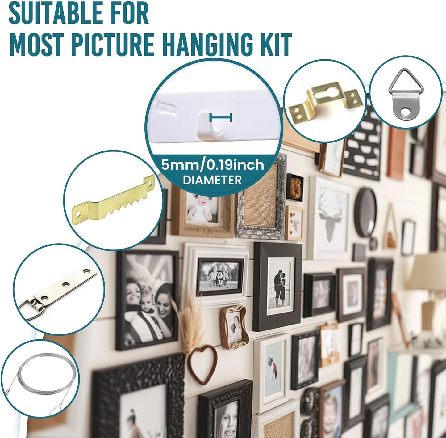 Picture Hangers 4 Pack, Adhesive Hanging Hooks without Nails, No Damage Sawtooth Hangers, Art Hanger for Bathroom Kitchen Home Door Closet, Inclue 2 Extra Strips