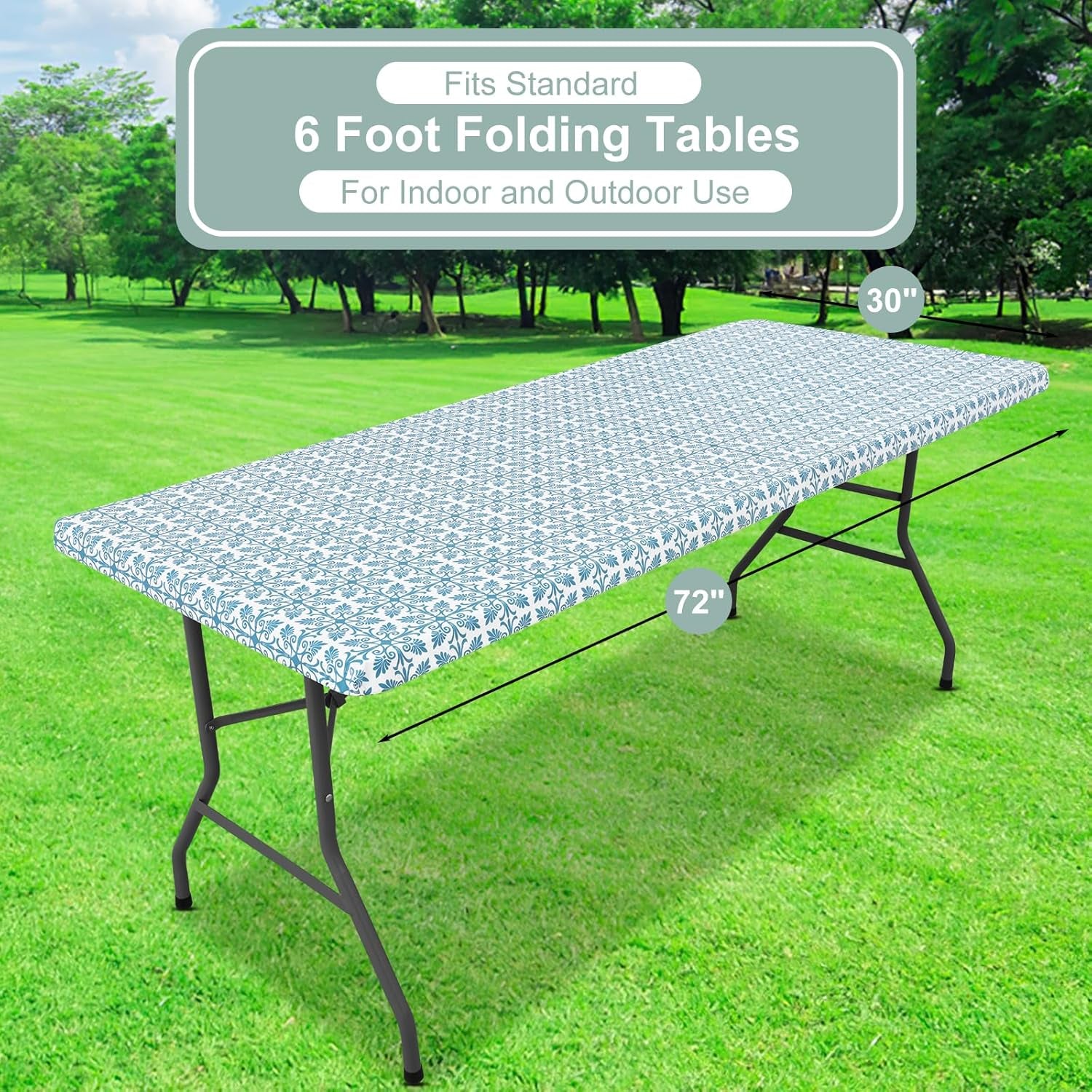 Rectangle Vinyl Table Cloth, Elastic Fitted Flannel Backed Tablecloth, 100% Waterproof Plastic Table Cover Fits 6 Foot Folding Tables for Picnic, Camping, Outdoor (Aqua, 30" X 72")