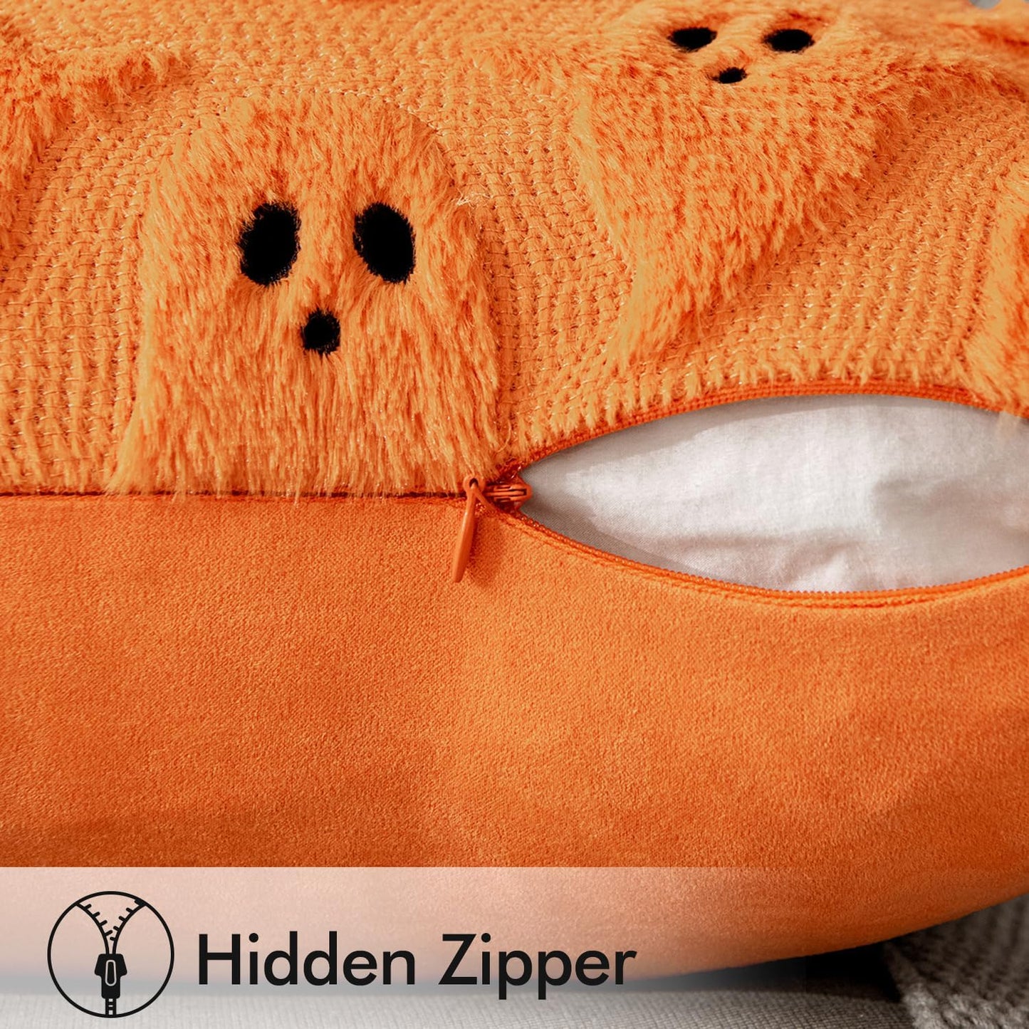 Halloween Decorative Pillow Covers - Set of 2 Soft Plush Faux Fur Ghost Design Cushions for Couch, Sofa, Bed, and Porch - 18x18 Inches - Orange Fall Decor