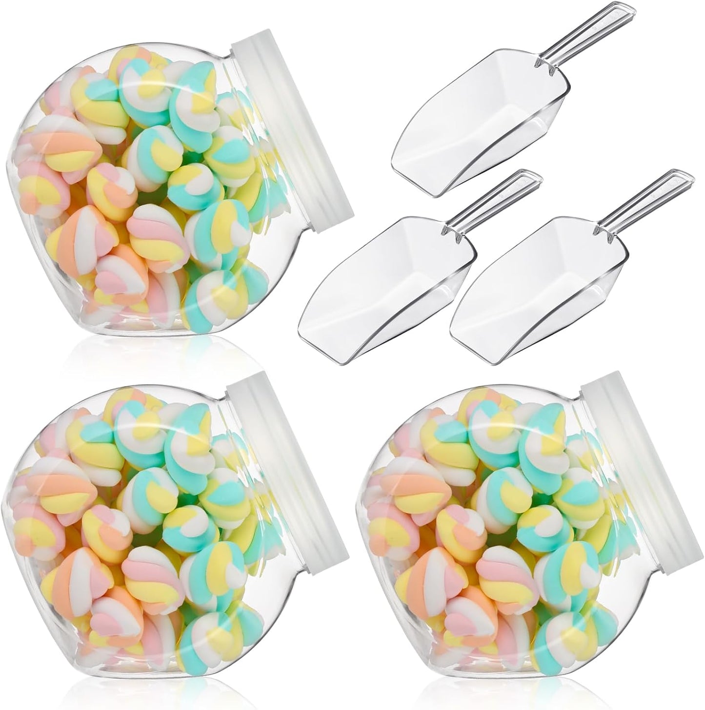 Clear Plastic Candy Jar Set with Lids and Mini Acrylic Scoops - 42 Oz Decorative Containers for Candy Buffets and Kitchen Counters (2 Sets)