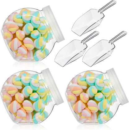 Clear Plastic Candy Jar Set with Lids and Mini Acrylic Scoops - 42 Oz Decorative Containers for Candy Buffets and Kitchen Counters (2 Sets)