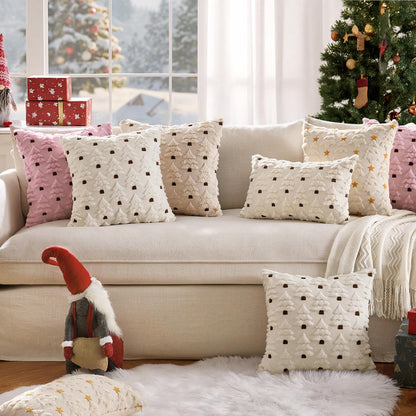 Christmas Tree Decorative Pillow Covers Faux Fur Wool Throw Pillows Soft Plush Cushion Covers Set of 2 Xmas Home Decor Winter Holiday for Sofa Couch Livingroom Bed 18X18 Inch Pink