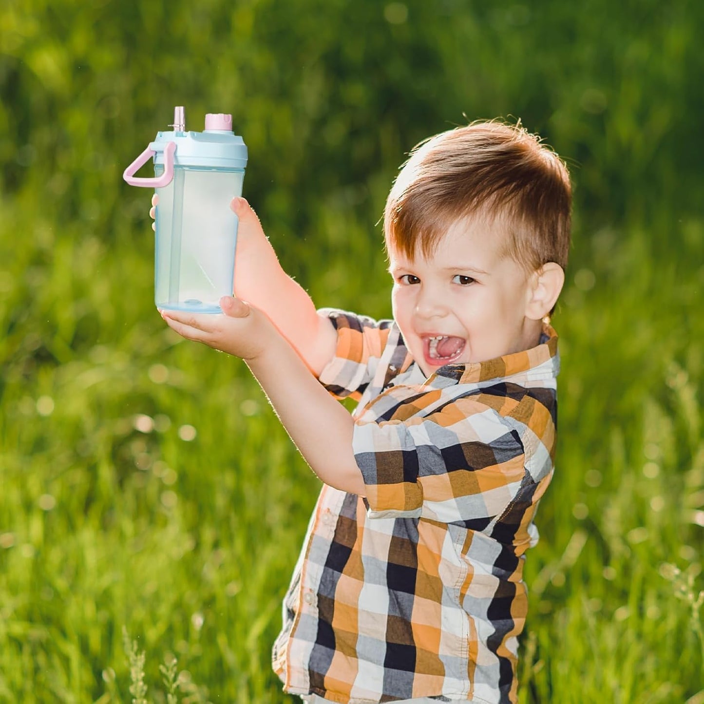 12Oz Kids Water Bottle with Straw Leak-Proof Toddler Water Bottle Plastic Water Bottles Bpa-Free Toddler Straw Cups with Handle for Travel Fitness School, BLUE