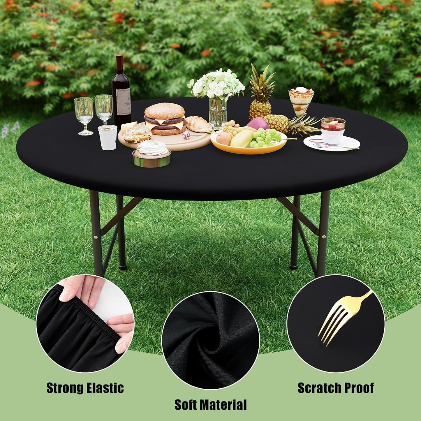 2 Packs round Spandex Tablecloths, Stretch Elastic Tablecloth Cover Fitted for 18"-24" round Tables, Waterproof Polyester Washable Table Cloth for Dining, Party, Outdoor and Indoor, Black