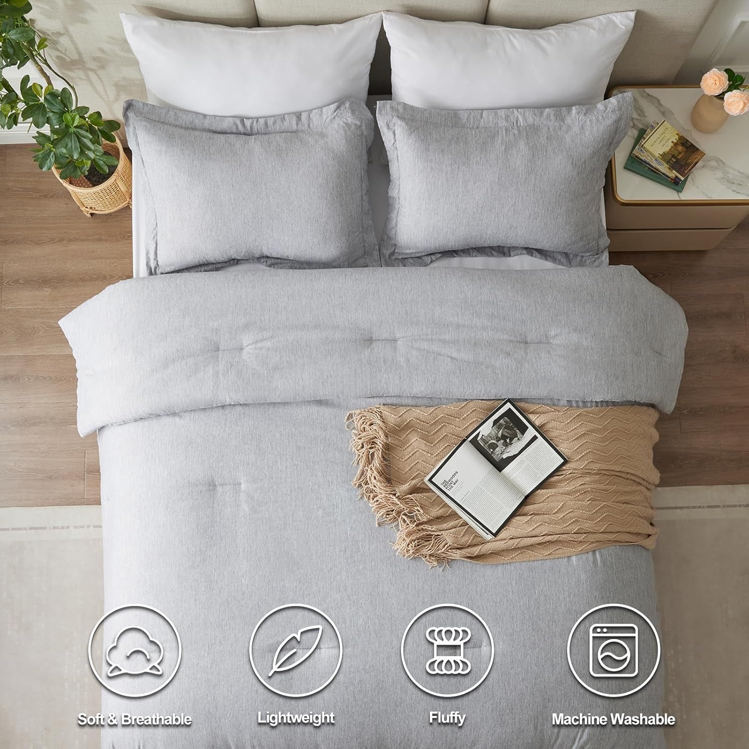 Queen Comforter Set - 3 Pieces Light Grey Soft Luxury Cationic Dyeing Queen Comforter for All Season, Light Gray Breathable Lightweight Fluffy Bedding Sets with 1 Comforter and 2 Pillow Shams