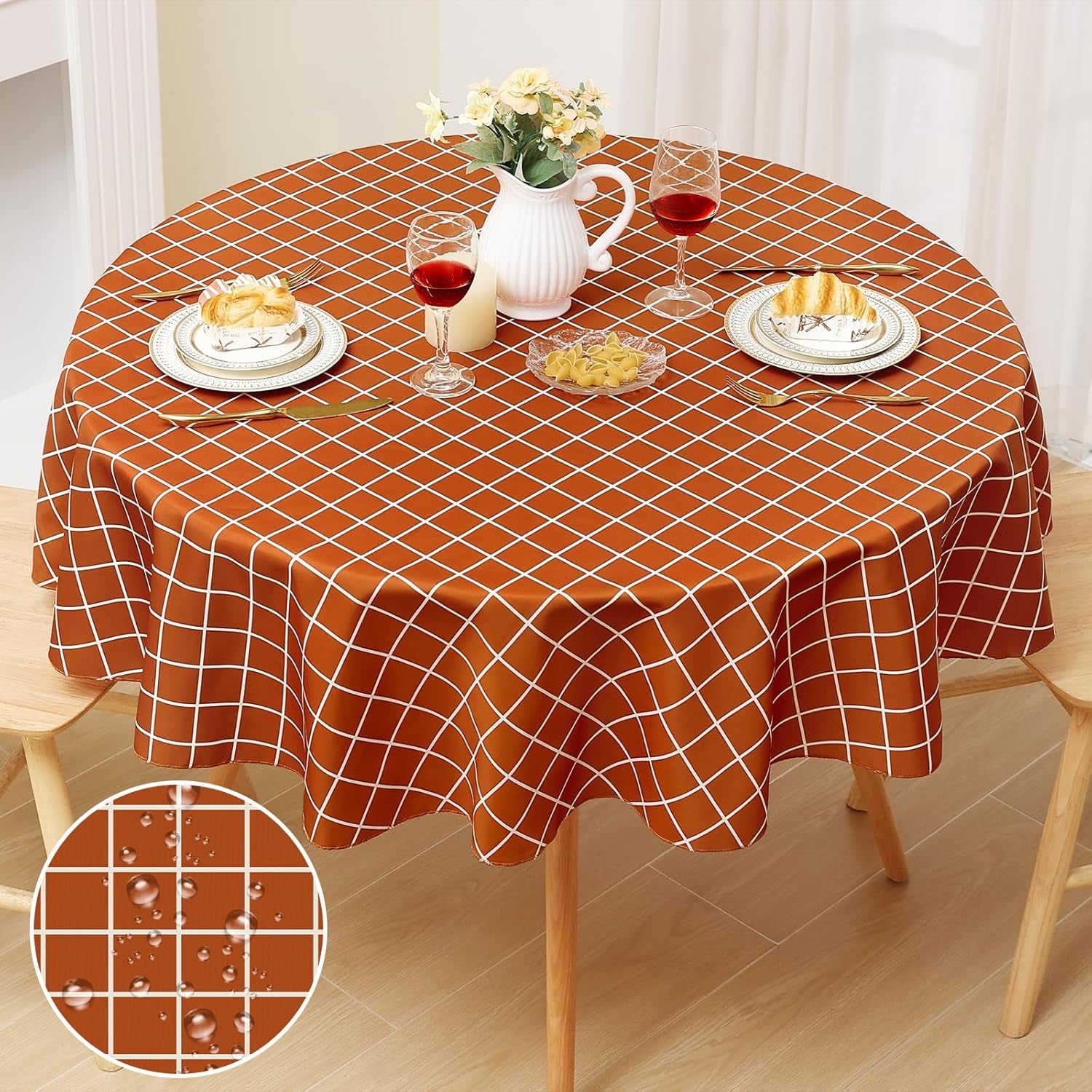 round Waterproof Fabric Table Cloth, Plaid Stain Resistant Polyester Tablecloth, Washable Cloth Table Cover for Fall Halloween Decor, Dining Room, Outdoor (60" Round, Rusty)
