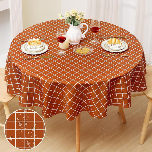 round Waterproof Fabric Table Cloth, Plaid Stain Resistant Polyester Tablecloth, Washable Cloth Table Cover for Fall Halloween Decor, Dining Room, Outdoor (60" Round, Rusty)