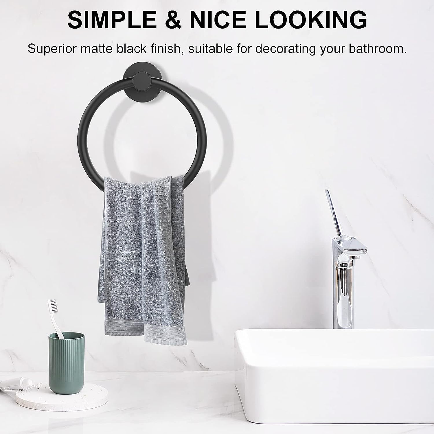 Towel Holder for Bathroom Wall Matte Black Towel Ring & 4 Packs Towel Hooks for Bathrooms 304 Stainless Steel Bathroom Shower Towel Hook