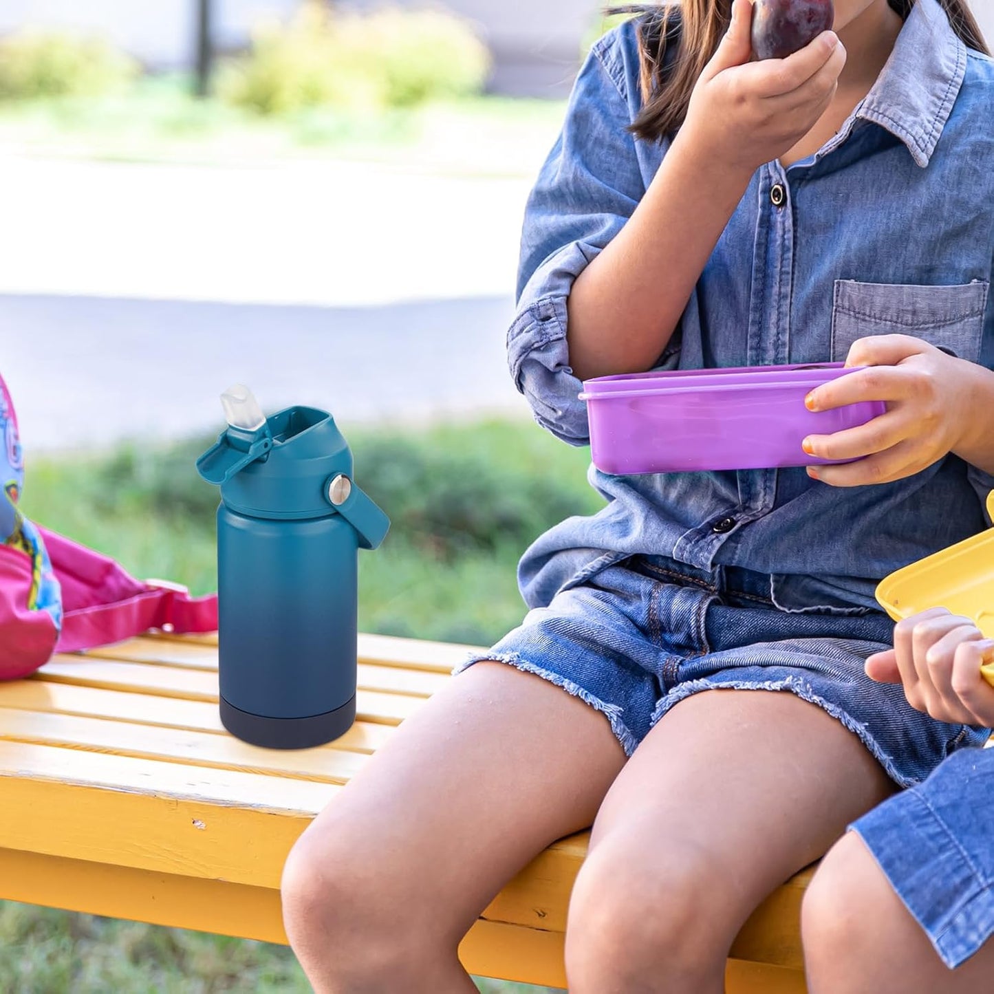 12 Oz Water Bottle, 2 Pack Kids Water Bottles for School, Toddler Cup with Straw & Handle, 304 Stainless Steel Insulated Water Bottle, BPA Free, Gradient Blue+Gradient Yellow