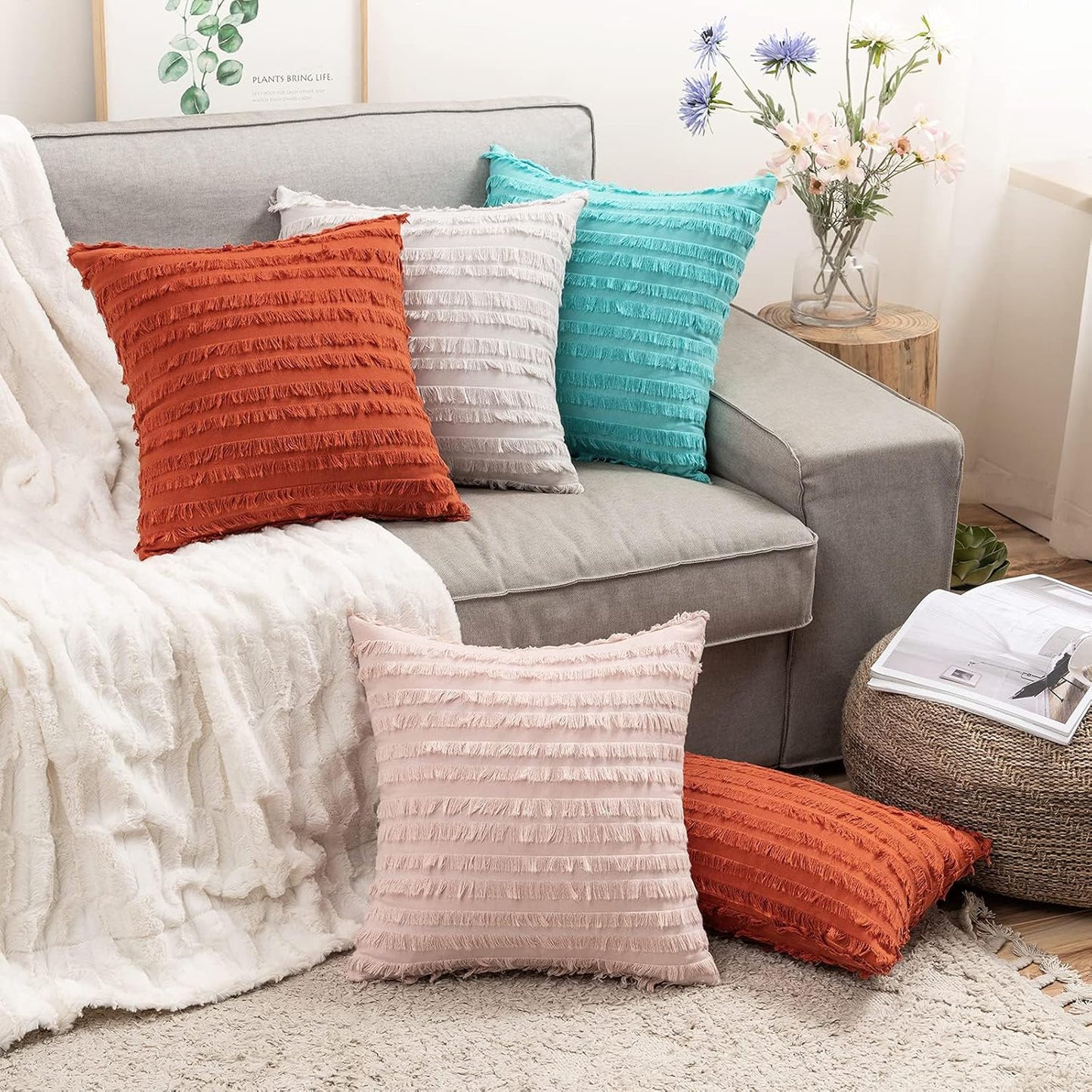 Set of 2 Fall Decorative Boho Throw Pillow Covers Linen Striped Jacquard Pattern Cushion Covers for Sofa Couch Living Room Bedroom 18X18 Inch Burnt Orange