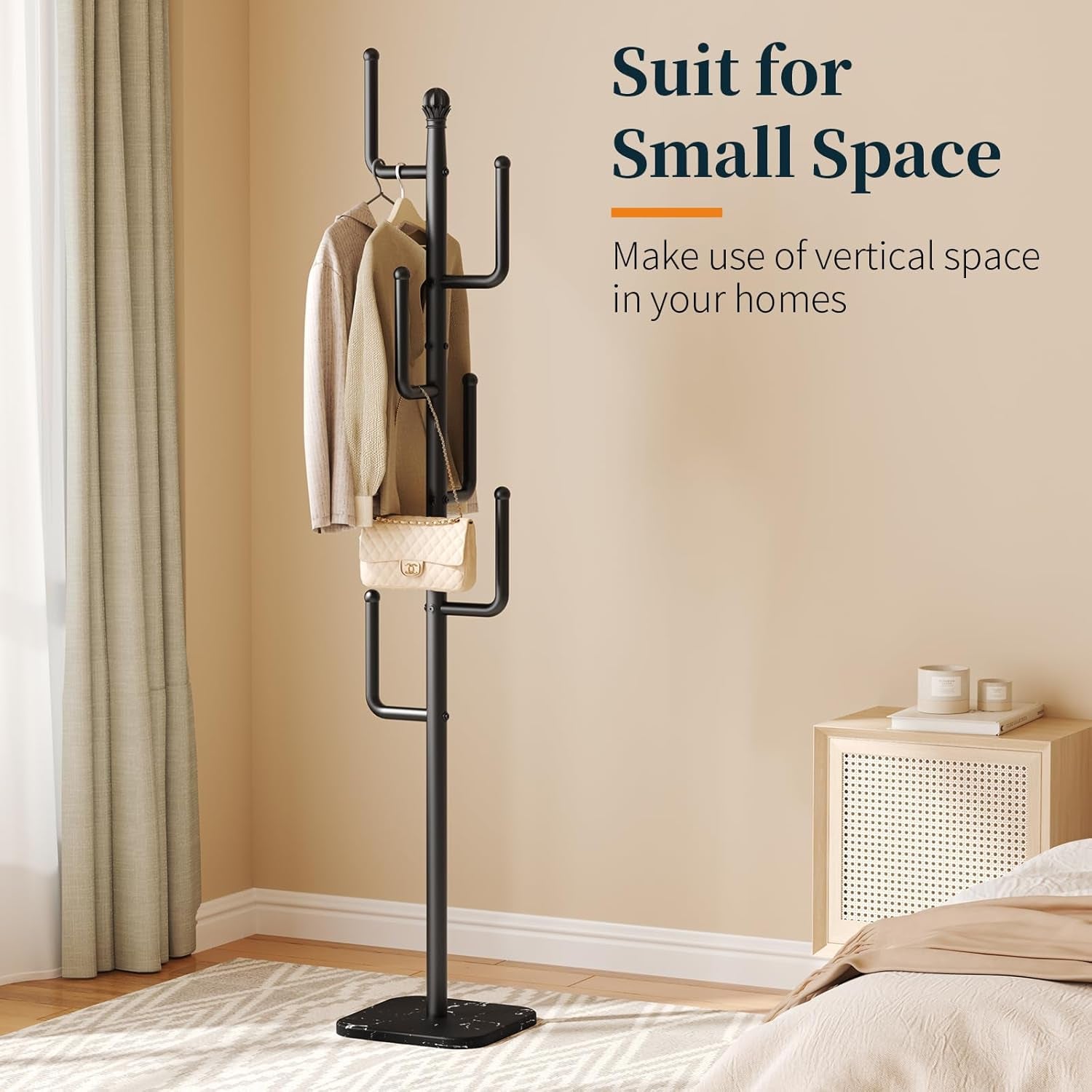 Coat Rack Freestanding with Natural Marble Base, Cactus Coat Tree with 6 L-Shaped Hooks, Heavy Duty Coat Hanger Stand, Metal Coat Rack Stand for Entryway, Hall Tree for Jacket/Hat/Clothes/Bag