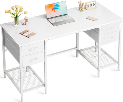 47-Inch White Desk with Four Drawers and Mesh Shelf, Versatile Study and Computer Table for Home Office and Bedroom