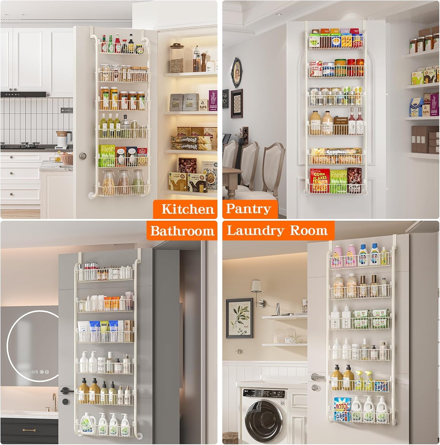 over the Door Pantry Organizers and Storage, 6-Tier Spice Rack, Home & Kitchen Storage Shelves for Cabinet, Large Capacity Hanging Seasoning Organizer, Laundry Room Organization, White