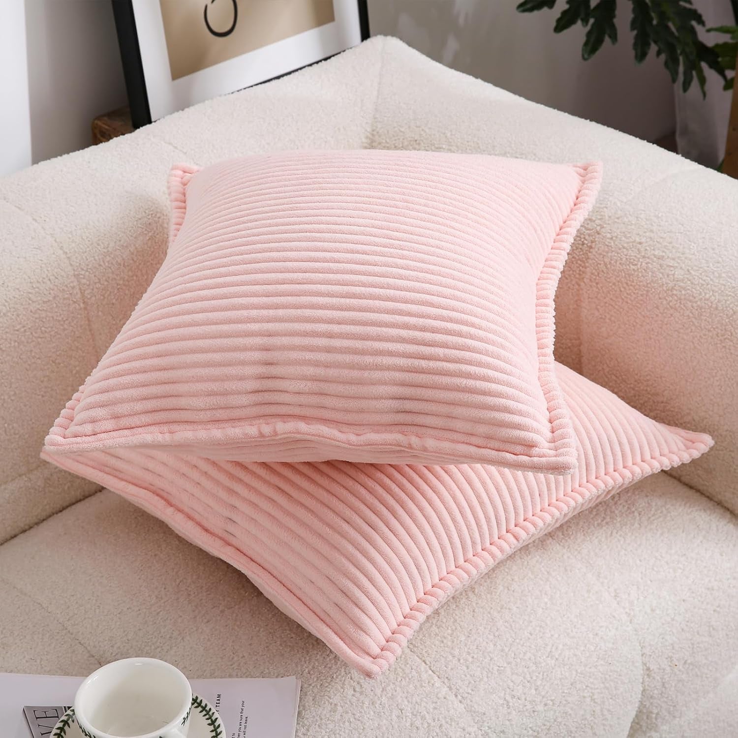 Valentines Day Decorations Corduroy Pink Throw Pillow Covers Set of 2 Striped Boho Decorative with Edge Design,Super Soft Throw Pillow Cushion Covers for Couch Sofa Living Room Solid Square 18×18Inch