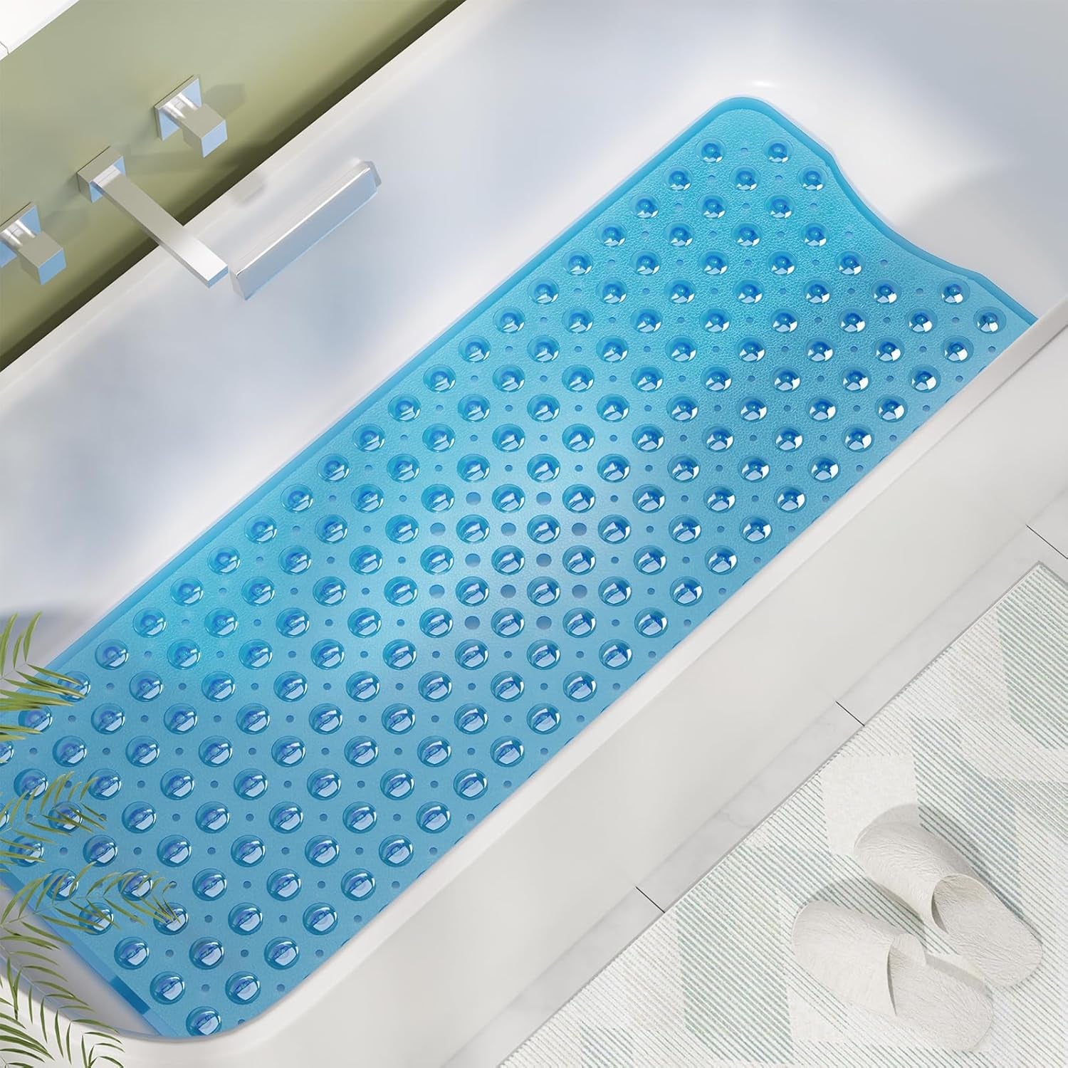 Shower Mat Non Slip 40 X 16 Inches, Bathtub Mat Shower Stall Mats with Suction Cups and Drain Holes, Non Slip Bath Mat for Tub for Elderly & Kids, Clear Blue
