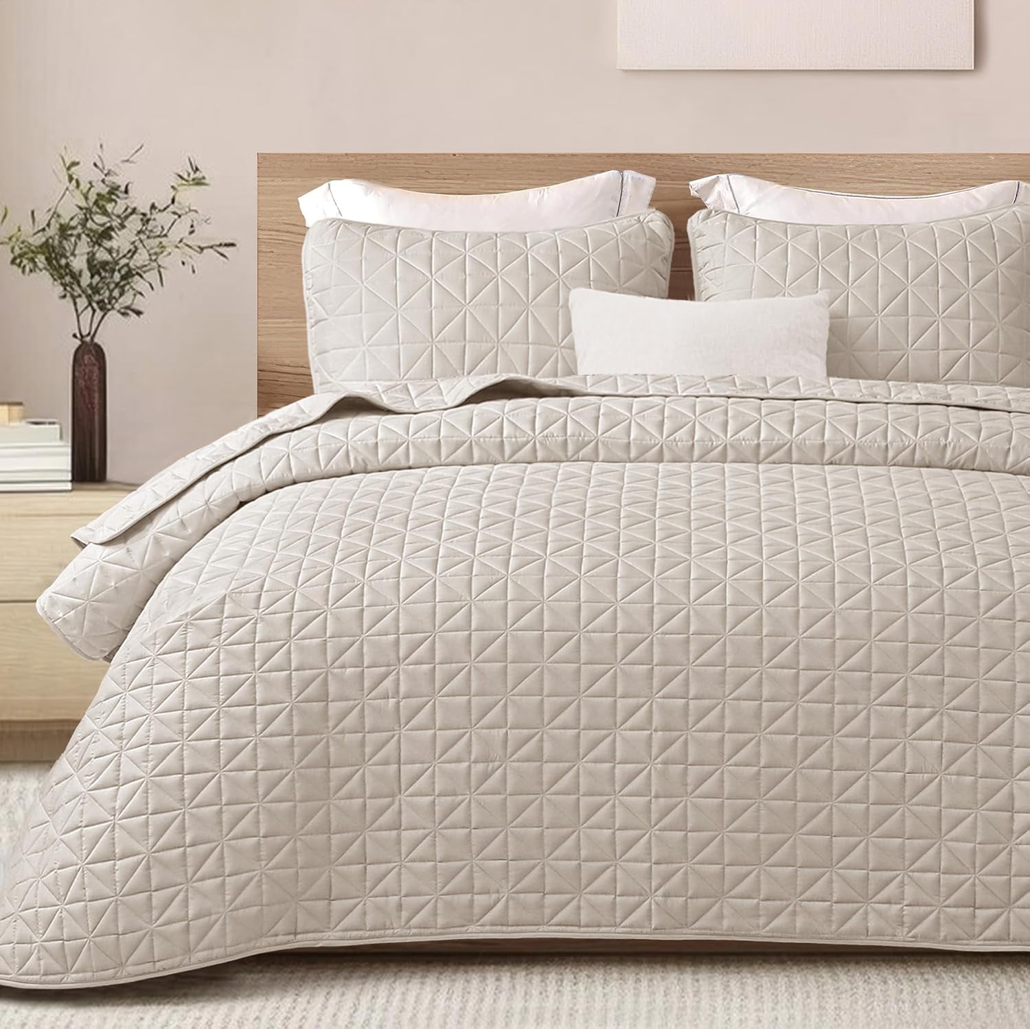 Queen Size Quilted Bedding Set with Stitched Grid Pattern, Lightweight Birch Beige Bedspread and Pillow Shams for All Seasons (Includes 1 Quilt and 2 Pillow Shams)