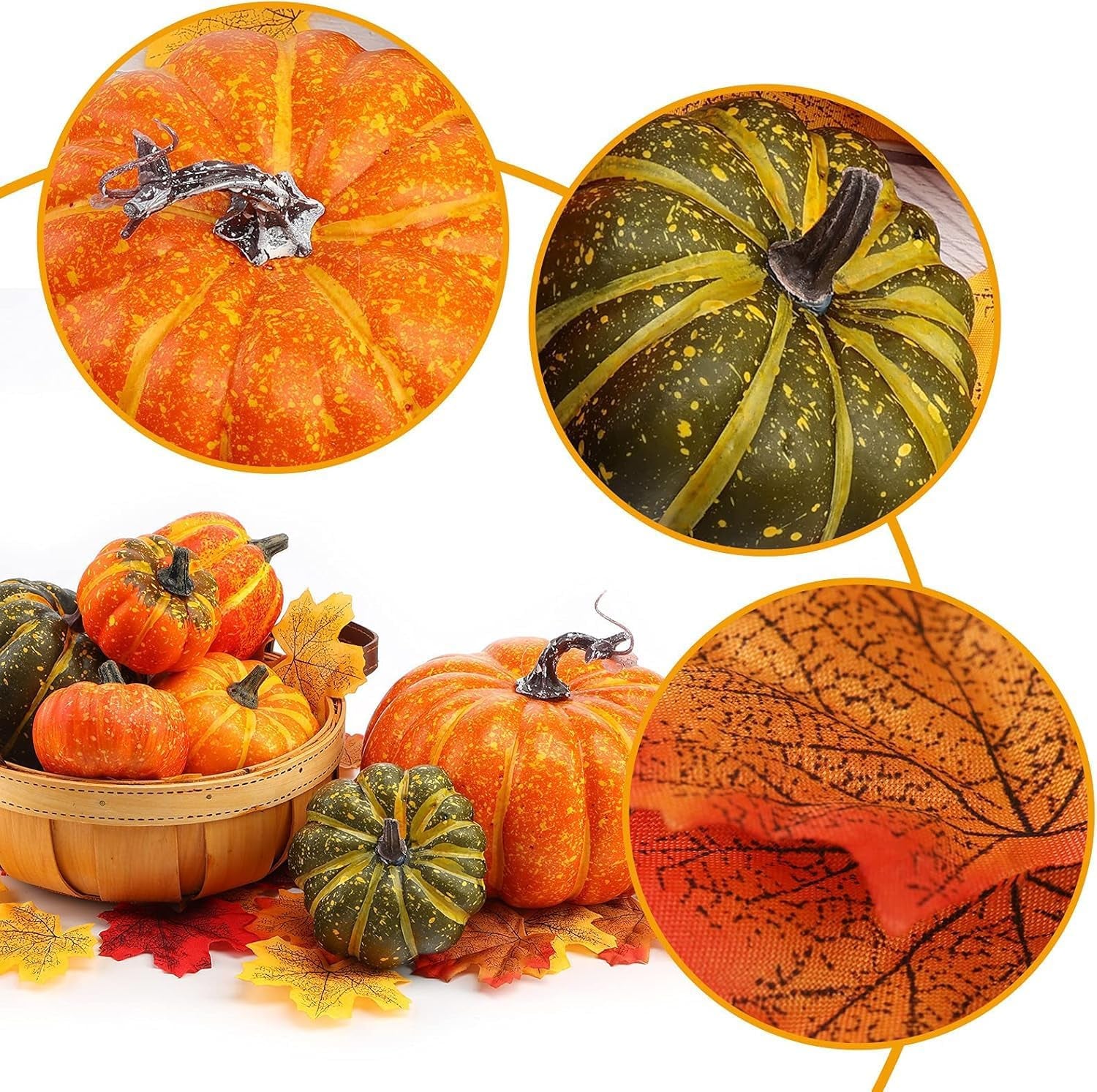 38 PCS Assorted Artificial Pumpkin Set, 8PCS Stacking Pumpkins with 30PCS Maple Leaves for Fall Harvest Home Thanksgiving Halloween Decor